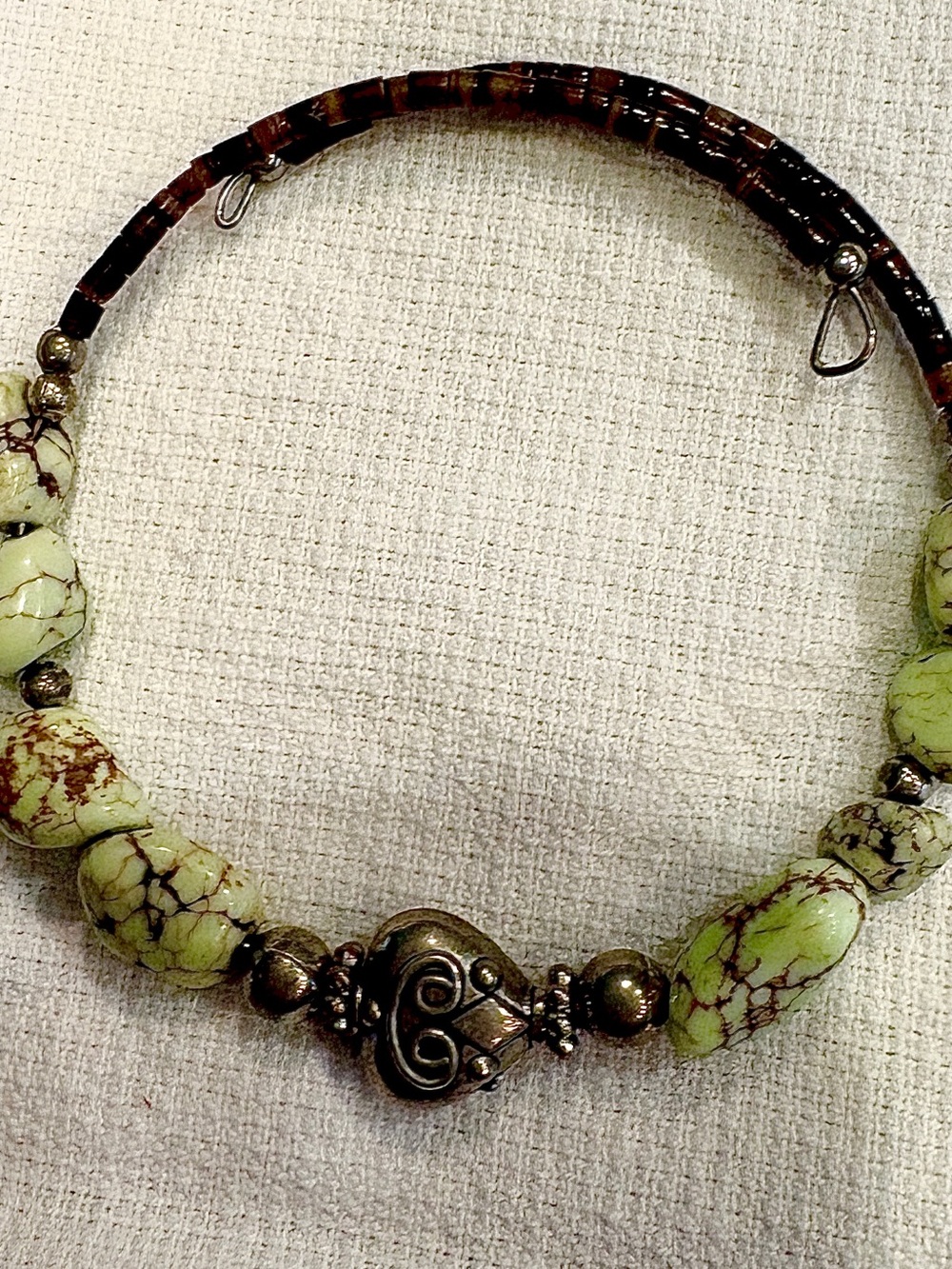 Handcrafted Green Howlite Beaded bracelet with Silver Heart Accent